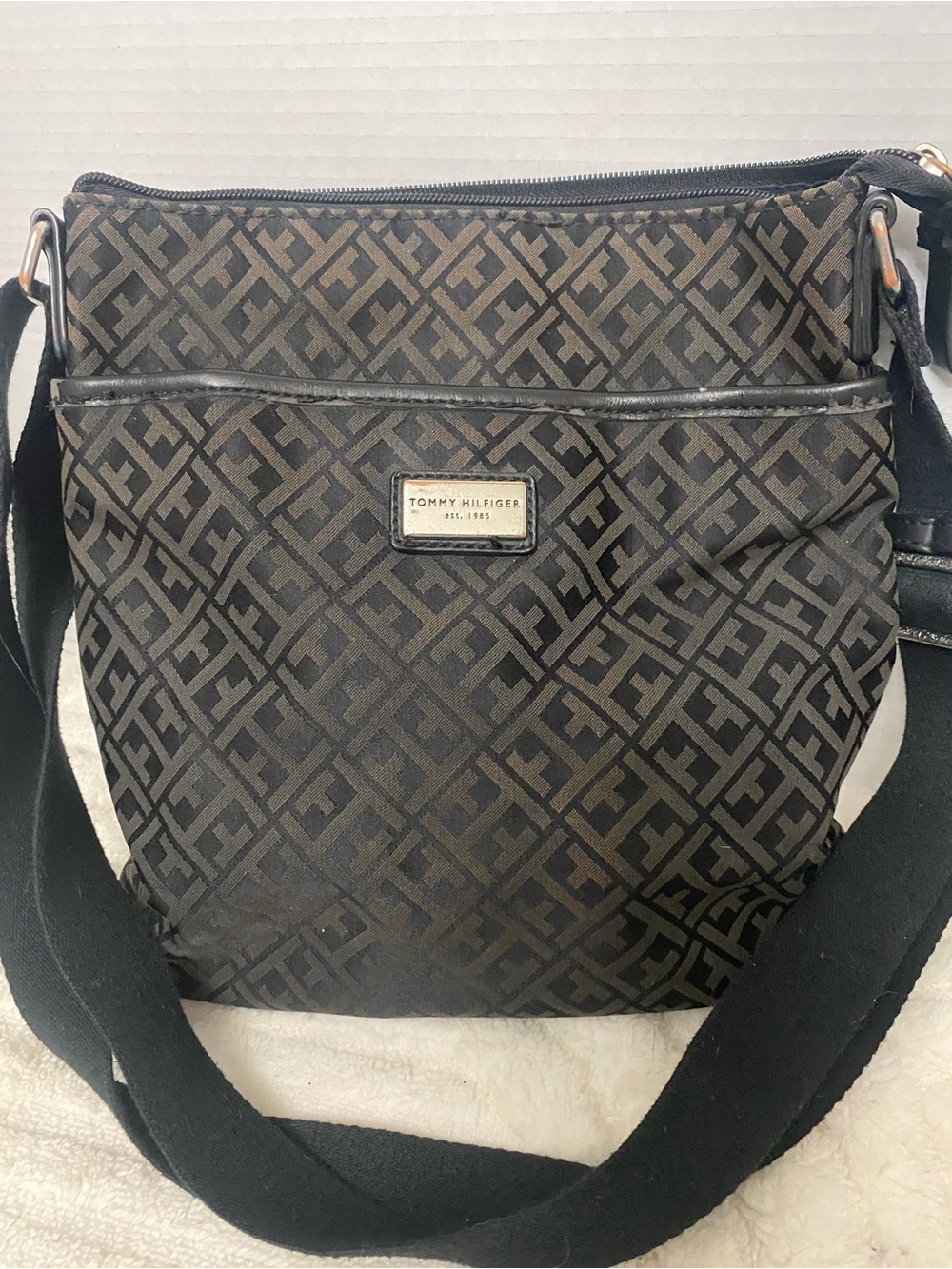 Tommy Hilfiger Black & Brown Jacguard Monogram Crossbody Bag
